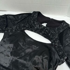 Nicole Miller‎ Black Ruched Cut-Out Dress Sequins Mesh Sleeves size 4